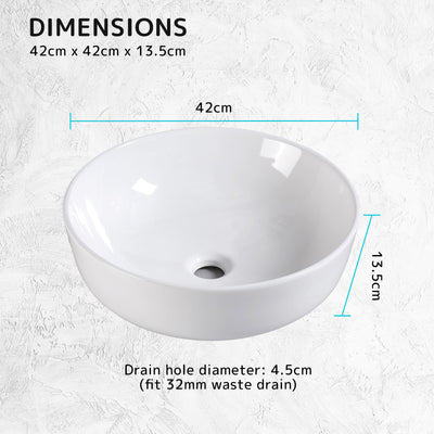 Muriel 42 x 42 x 13.5cm White Ceramic Bathroom Basin Vanity Sink Round Above Counter Top Mount Bowl