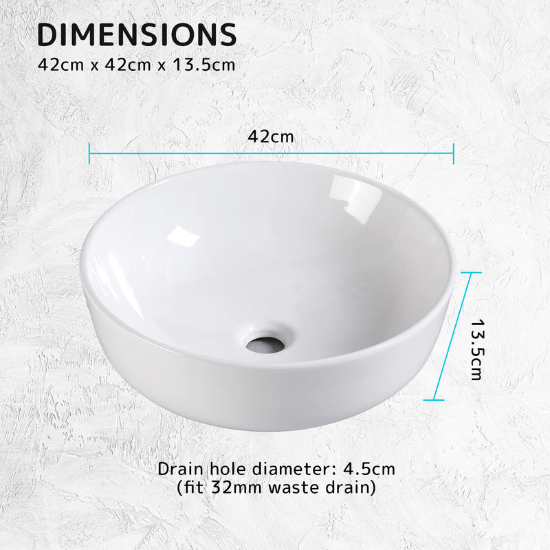 Muriel 42 x 42 x 13.5cm White Ceramic Bathroom Basin Vanity Sink Round Above Counter Top Mount Bowl