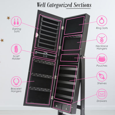 Mirror Jewellery Cabinet Organiser 2 Drawers LOWE 146cm BLACK