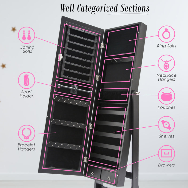 Mirror Jewellery Cabinet Organiser 2 Drawers LOWE 146cm BLACK