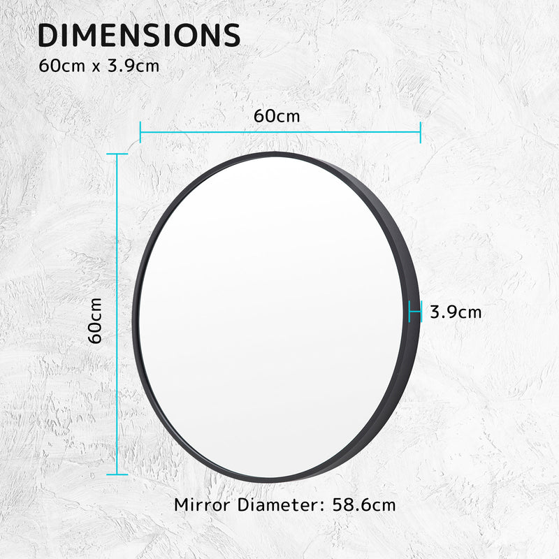 Wall Mirror Round Aluminum Frame Bathroom 60cm BLACK