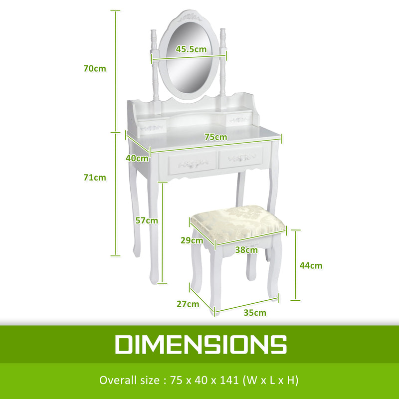 La Bella White Dressing Table ANGELLA 1 Mirror 4 Drawers Makeup & Stool