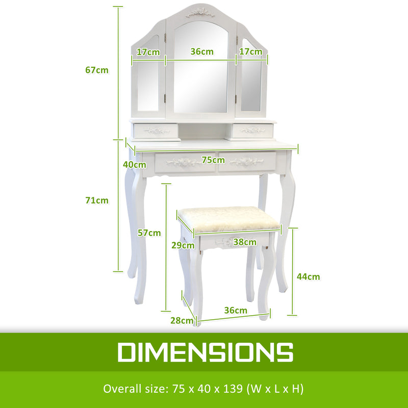 La Bella White Dressing Table DIANA 3 Mirror 4 Drawers Makeup & Stool