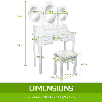 La Bella White Dressing Table JULIA 3 Mirror 7 Drawers Makeup & Stool