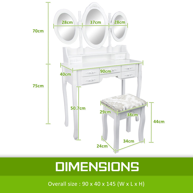 La Bella White Dressing Table JULIA 3 Mirror 7 Drawers Makeup & Stool