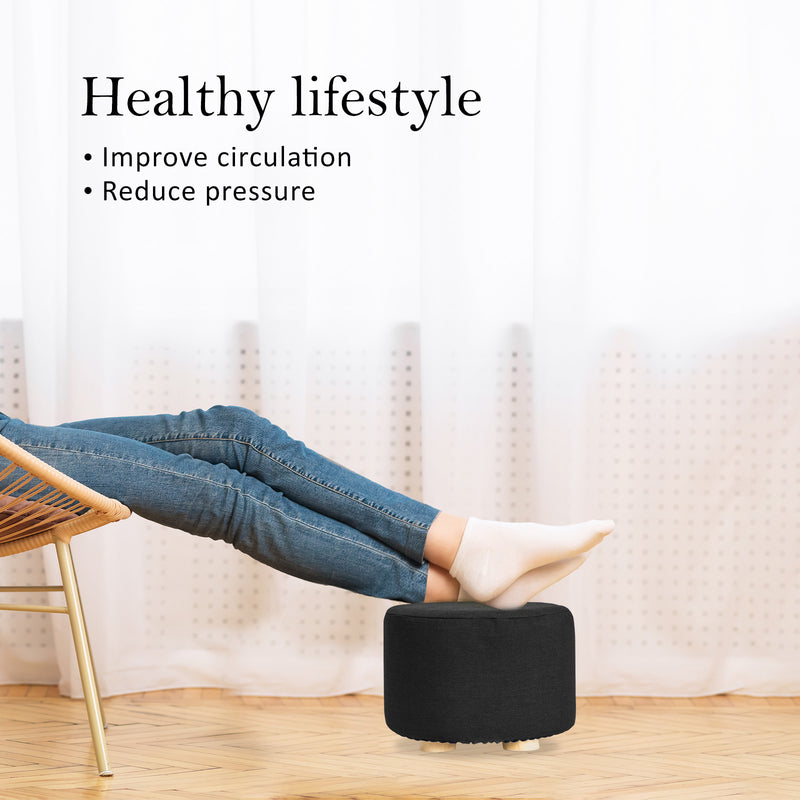 2X Fabric Ottoman Round Wooden Leg Foot Stool - BLACK