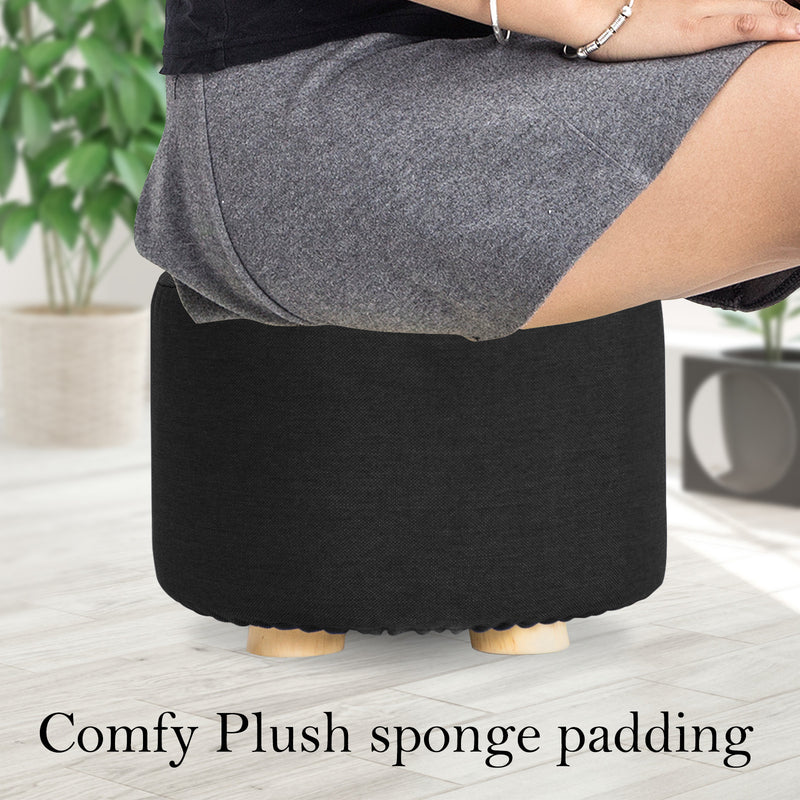 2X Fabric Ottoman Round Wooden Leg Foot Stool - BLACK