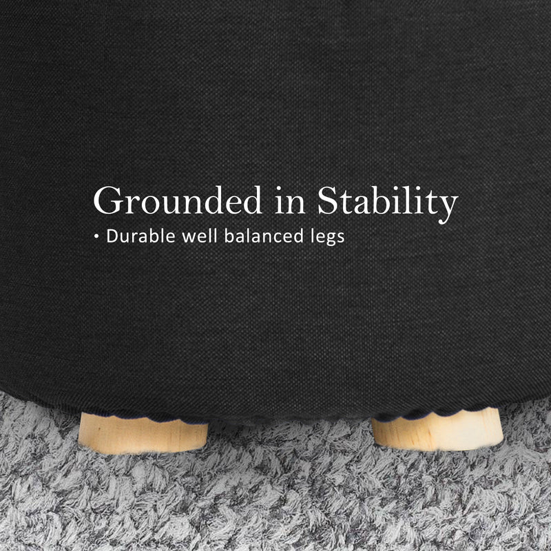 2X Fabric Ottoman Round Wooden Leg Foot Stool - BLACK