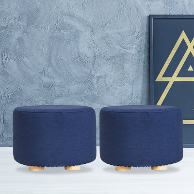 2X Fabric Ottoman Round Wooden Leg Foot Stool - DARK BLUE