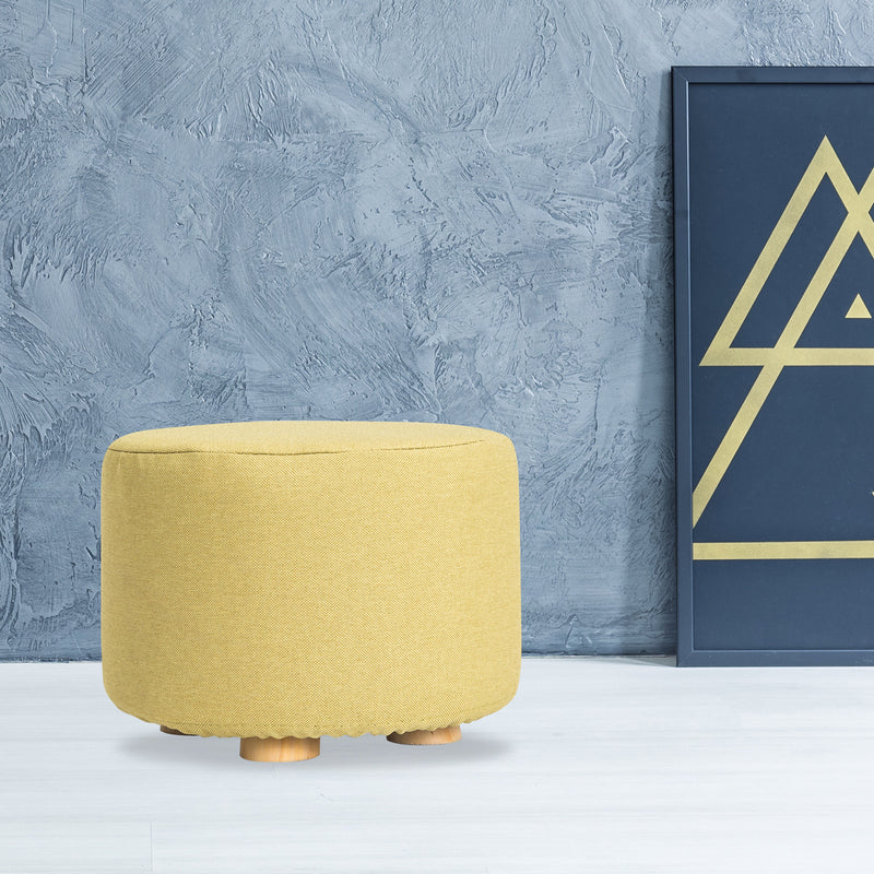 Fabric Ottoman Round Wooden Leg Foot Stool - MUSTARD YELLOW