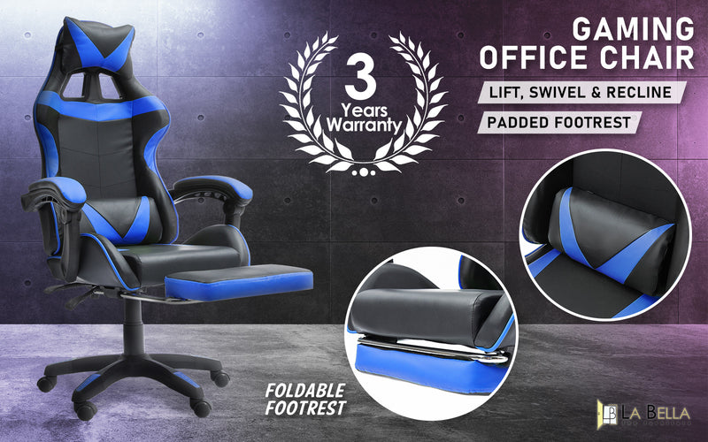 La Bella Blue Gaming Office Chair Epic Ergonomic Racing Footrest