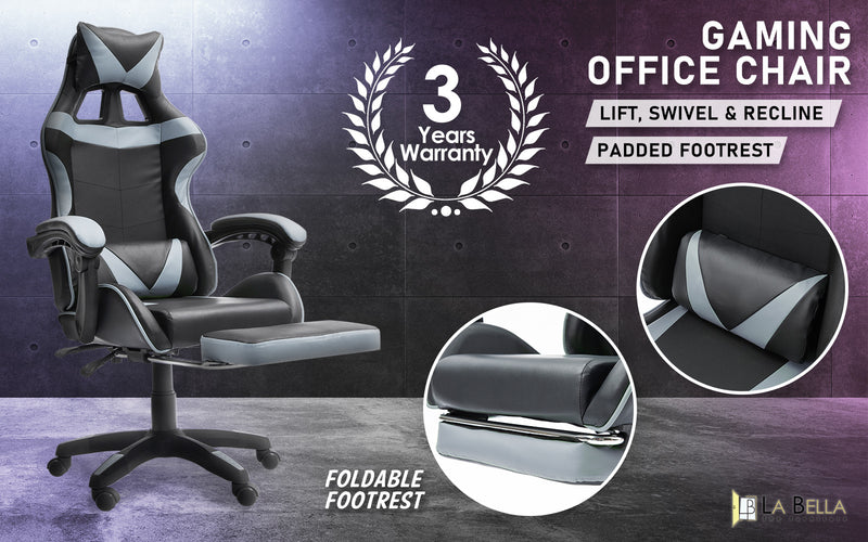 La Bella Grey Gaming Office Chair Epic Ergonomic Racing Footrest