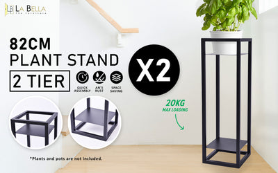 La Bella 2 Set 82cm Black Plant Stand Planter Shelf Rack 2 Tier Steel