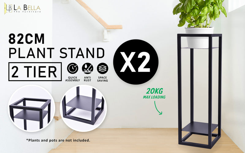 La Bella 2 Set 82cm Black Plant Stand Planter Shelf Rack 2 Tier Steel