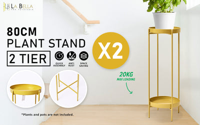 2X Plant Stand 80cm Planter Shelf Rack Display Steel 2 Tier GOLD