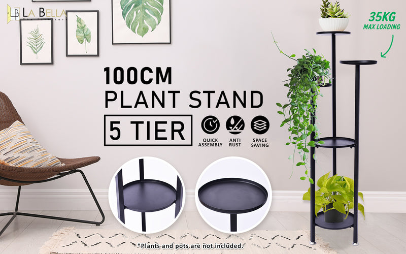 La Bella 100cm Black Plant Stand Planter Shelf Rack 5 Tier Steel