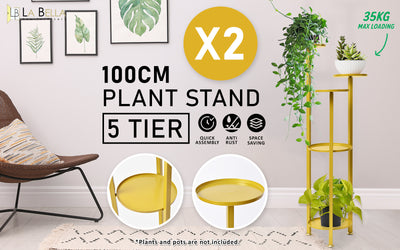 La Bella 2 Set 100cm Gold Plant Stand Planter Shelf Rack 5 Tier Steel