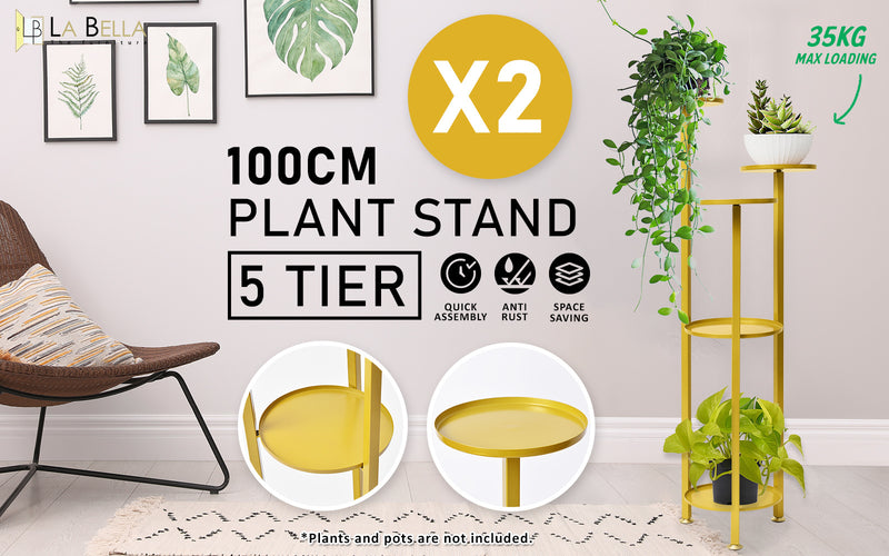 La Bella 2 Set 100cm Gold Plant Stand Planter Shelf Rack 5 Tier Steel