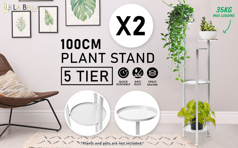 La Bella 2 Set 100cm White Plant Stand Planter Shelf Rack 5 Tier Steel