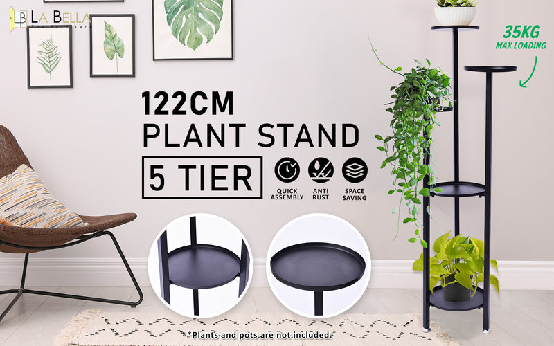 La Bella 122cm Black Plant Stand Planter Shelf Rack 5 Tier Steel