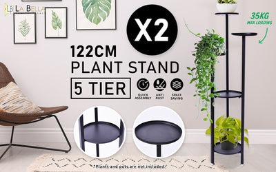 La Bella 2 Set 122cm Black Plant Stand Planter Shelf Rack 5 Tier Steel