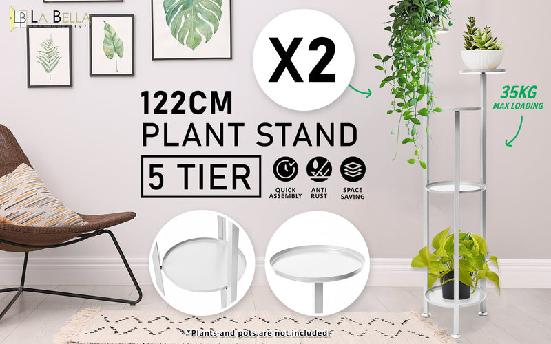 La Bella 2 Set 122cm White Plant Stand Planter Shelf Rack 5 Tier Steel