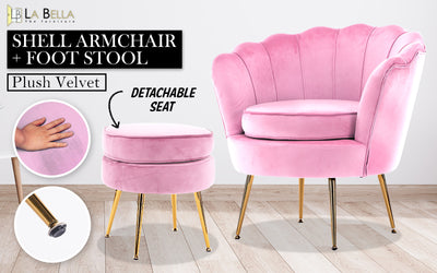 Armchair Lounge Chair Accent Velvet Shell Scallop + Round Ottoman Footstool PINK