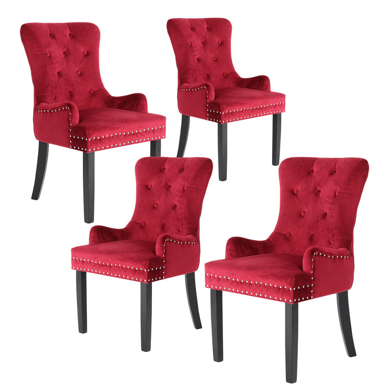 La Bella 4 Set Red French Provincial Dining Chair Ring Studded Lisse Velvet Rubberwood