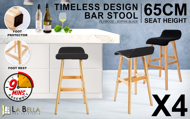 4X Wooden Bar Stool Dining Chair Fabric SOPHIA 65cm BLACK