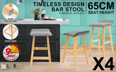 4X Wooden Bar Stool Dining Chair Fabric DARA 65cm GREY