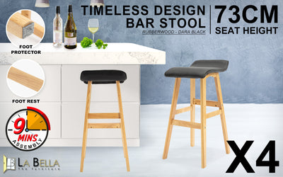 La Bella 4 Set 73cm Black Wooden Bar Stool DARA Leather