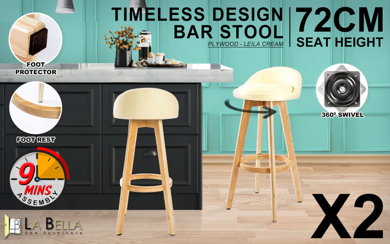 La Bella 2 Set 72cm Cream Wooden Bar Stool Leila Leather