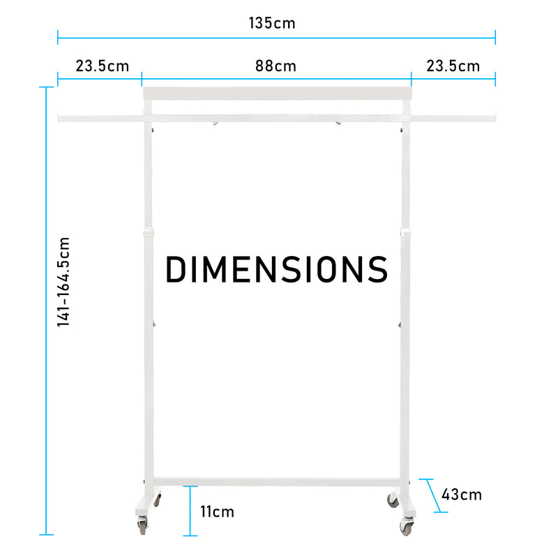 Clothes Rack Coat Stand Hanging Adjustable Rollable Steel WHITE