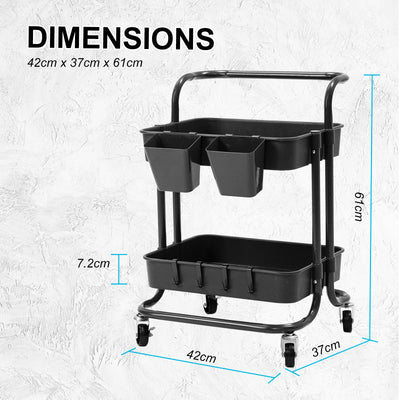 Trolley Cart Storage Utility Rack Shelf Organiser Swivel Kitchen 2 Tier BLACK