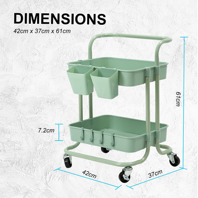 Trolley Cart Storage Utility Rack Shelf Organiser Swivel Kitchen 2 Tier GREEN