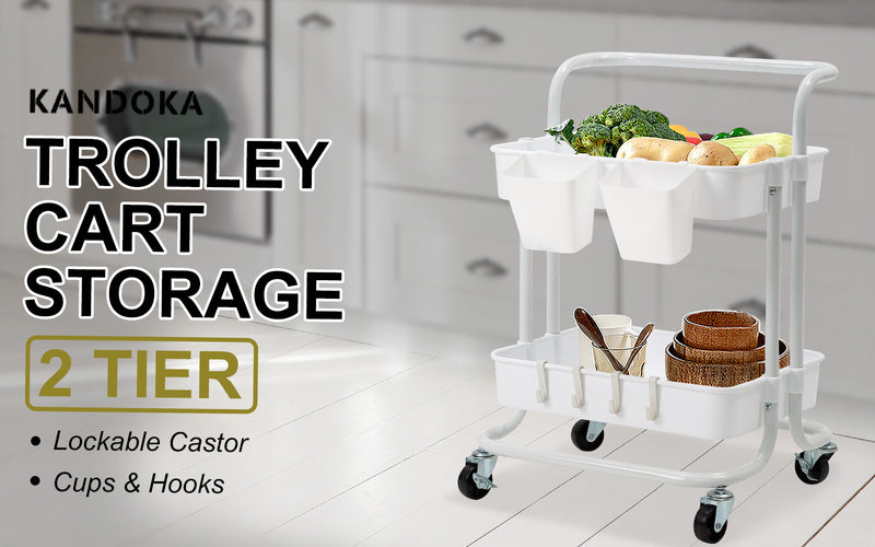 Trolley Cart Storage Utility Rack Shelf Organiser Swivel Kitchen 2 Tier WHITE