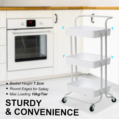 Trolley Cart Storage Utility Rack Shelf Organiser Swivel Kitchen 2 Tier WHITE