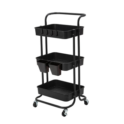 Kandoka 3 Tier Black Trolley Cart Storage Utility Rack Organiser Swivel Kitchen