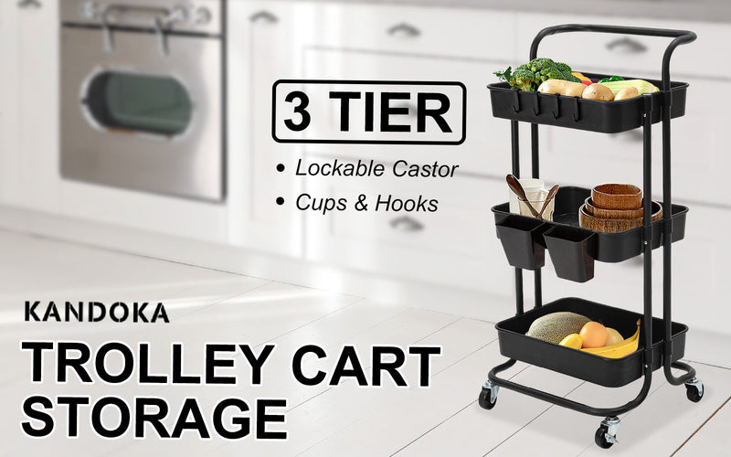 Trolley Cart Storage Utility Rack Shelf Organiser Swivel Kitchen 3 Tier BLACK