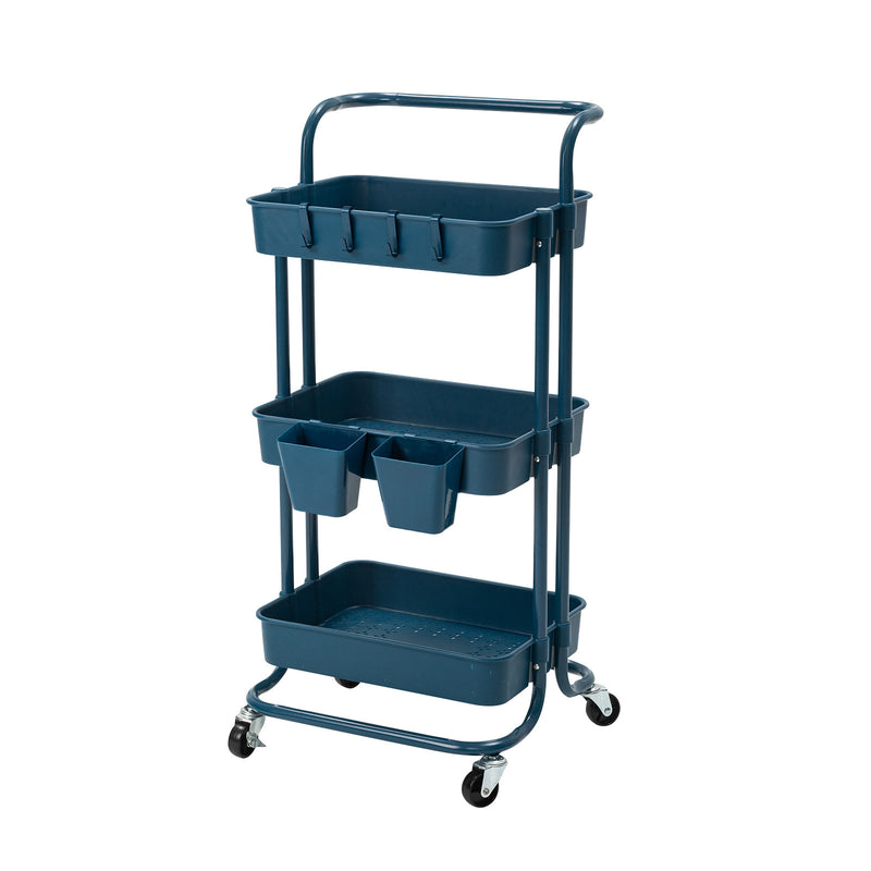 Kandoka 3 Tier Blue Trolley Cart Storage Utility Rack Organiser Swivel Kitchen