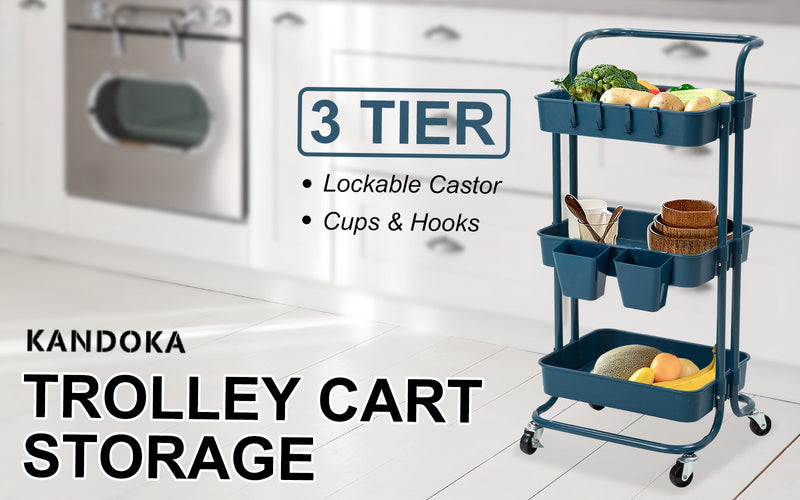 Trolley Cart Storage Utility Rack Shelf Organiser Swivel Kitchen 3 Tier BLUE