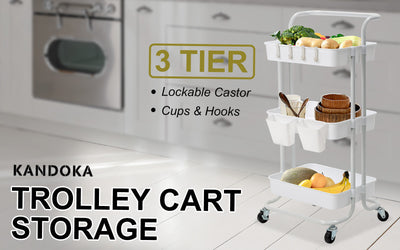 Trolley Cart Storage Utility Rack Shelf Organiser Swivel Kitchen 3 Tier WHITE