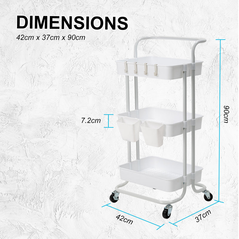 Trolley Cart Storage Utility Rack Shelf Organiser Swivel Kitchen 3 Tier WHITE