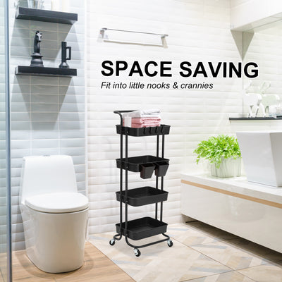 Trolley Cart Storage Utility Rack Shelf Organiser Swivel Kitchen 4 Tier BLACK