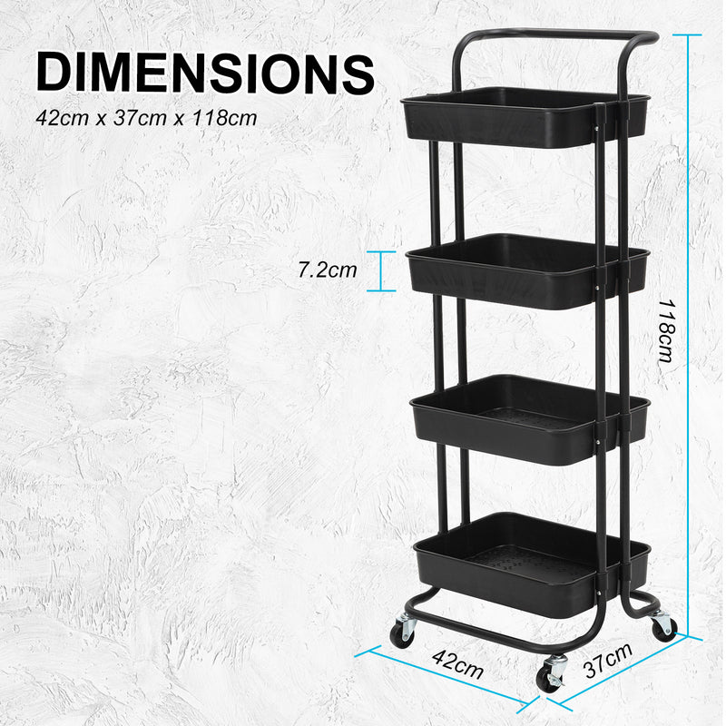 Trolley Cart Storage Utility Rack Shelf Organiser Swivel Kitchen 4 Tier BLACK