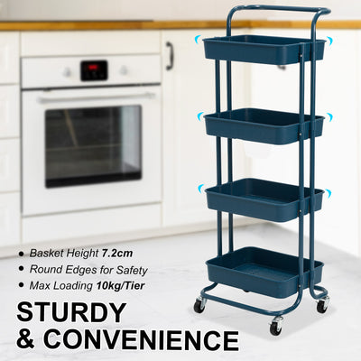 Trolley Cart Storage Utility Rack Shelf Organiser Swivel Kitchen 4 Tier BLUE