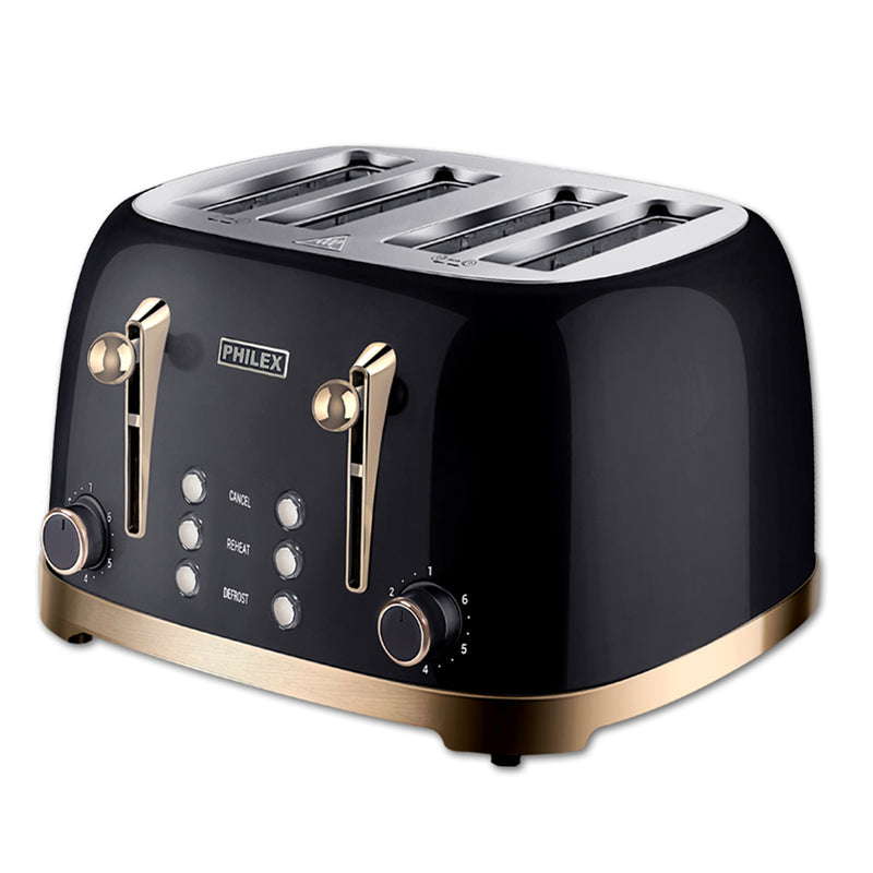 PHILEX 4-Slice Black Toaster Bread Reheat Retro