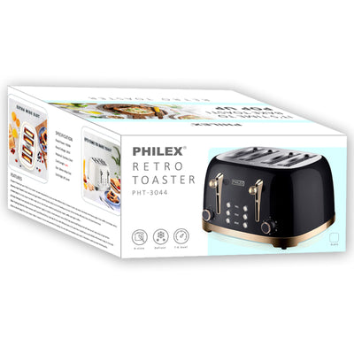 PHILEX 4-Slice Electric Toaster Bread Reheat Defrost Retro Retro BLACK