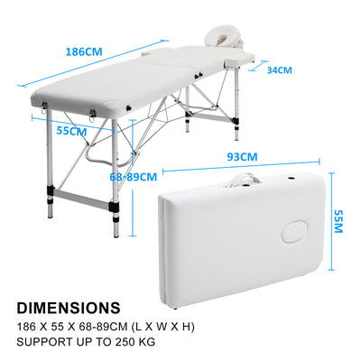 Aluminium Portable Beauty Massage Table Bed 2 Fold 55cm White