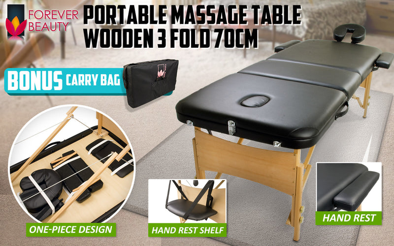 Wooden Portable Massage Table Bed 3 Fold 70cm BLACK